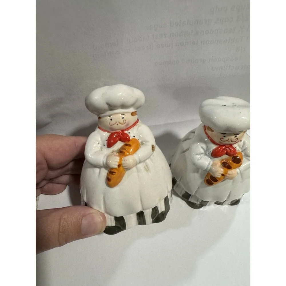 Vintage Ceramic Chef Salt and Pepper Shakers Set French Bistro Baker Baguette